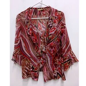 Notations VTG Y2K Blouse Top Womens M Pink Abstract Ruffle Boho Sheer Chiffon